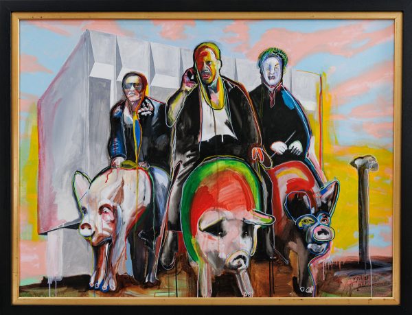 The lads from Planet Hollywood hamburger joint pon their pigs Scruffy, Fiddler and Mr Nuts